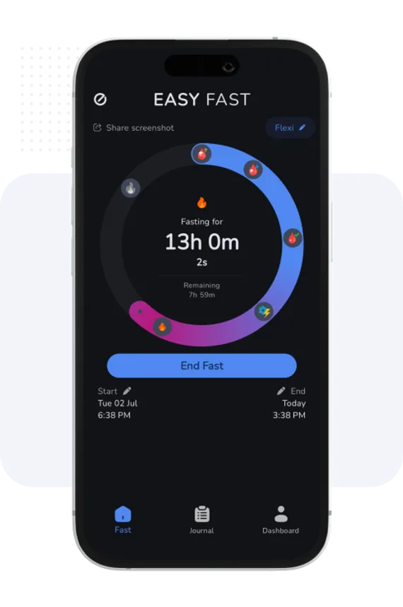 EasyFast app interface showing fasting tracker